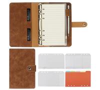 FYY Leather A6 Ring Binder Notebook, 6 Ring A6 Binder with A6 Refill Papers, Binder Pockets and Subject Dividers Paper Sheet, Travel Binder Journal Personal Planner with Ring Binder Brown