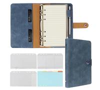 FYY Leather A6 Ring Binder Notebook, 6 Ring Binder with A6 Refill Papers, Binder Pockets and Subject Dividers Paper Sheet, Travel Binder Journal Personal Planner with Ring Binder Navy Blue