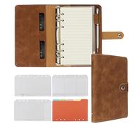FYY Leather A6 Ring Binder Notebook, 6 Ring Travel Journal with A6 Refillable Papers, Binder Pockets and Dividers, Personal Writing Planner for School, Office, Home, Meeting Brown