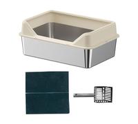 Fzaqwen Cat Litter Tray, Litter Tray, Semi-Enclosed Toilet, Stainless Steel, High Rim, Leak, Easy to Clean, Suitable for Small And Large Cats, Beige, 50x35x15cm