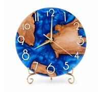 Fzaqwen Wall Clock Round Analog Clock Desk Clock Table Clock With Clear Dial And Raised Numbers Resin And Solid Wood With Smooth Marbled Grain On suitable for, Blue, Large 30cm