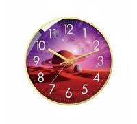 Fzaqwen Wall Clock Space Theme Clock Round Wall Clock Silent Non Ticking Clock Clear Display For Quick Time Reading Suitable for bedroom nursery study living room office, 20CM, Planet B-gold Frame