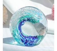 FZBHRO Decorative Crystal Ball Figurines Ocean Waves Paperweight Blown Glass Decor Sea Art Ocean Lovers Gift Blue Green 3.15"
