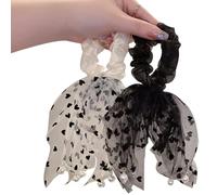 FZBNSRKO 2 Pcs Ribbon Bow Scrunchies,Hair Scarf Scrunchie for Women,Chiffon Bow Scrunchies Floral/Retro/Solid Ponytail Holder Scrunchy Bands Ties Accessories for Women Girls(beige,black)