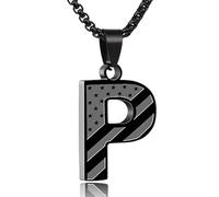 FZBYQWD American Flag Initial Necklace for Men Boys - Personalized Stainless Steel Pendant Gift for Him, Teen Boys, Patriot, Veterans, Valentine‘s Day, Birthday (Black, P)