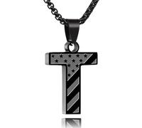 FZBYQWD American Flag Initial Necklace for Men Boys - Personalized Stainless Steel Pendant Gift for Him, Teen Boys, Patriot, Veterans, Valentine‘s Day, Birthday (Black, T)
