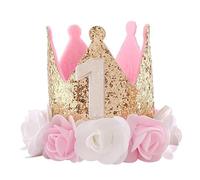 Fzcyuoo Baby Girls 1st Birthday Hat, Baby Tiara Crown for 1st Birthday Party, Sparkle Gold Flower Design 1st Birthday Girl Decorations for 1st Birthday Decorations - Glitter Style with Rose Flower