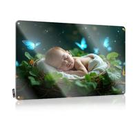 FZFN A Baby Sleeping Peacefully In A Nest Surrounded By Glowing Butterflies. Outside Decorations For Porch Drive Hanging | Old-fashioned Cool Wall Art Soft Area Vintage Metal Wall Decor(30X40CM)