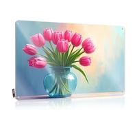 FZFN Back Yard Decorations Decor Rustic Accessory | A Bouquet Of Pink Tulips In A Blue Vase. Retro Metal Wall Decor For Outdoor Home(20X30CM)