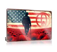 FZFN Backyard Bar Decor Soldier Walking Through Poppy Field With American Flag In Backgro Tin Sign Metal Sign Funny Bar Metal Tin Sign(20X30CM)