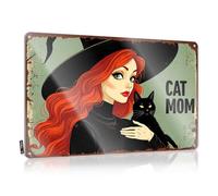 FZFN Bar Sign Home Decor Whimsical Witch With Black Cat: 'Cat Mom' Poster Tin Sign Bar Rules Sign Bro Cave Sign(30X40CM)