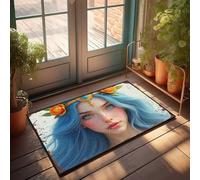 FZFN Bath Mats Blue-haired Beauty With Golden Crown And Orange Flowers, Welcome Funny Scalloped Edge Anti Fatigue Floor Carpet(50X80CM)