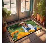 FZFN Bathmat Non Slip Shower A Woman In A Straw Hat Smiles Among Orange Flowers. - Geometric Area Rv Camping Accessories Absorbent Rug Suitable For Farmers High Traffic Areas(65X90CM)