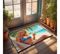 FZFN Bathmat Woman In Blue Bikini With Star Pattern Holding A Drink On The Beach, Rubber Kitchen Small Bath Waterproof Floor Mat For Things Living Room Bedroom(50X80CM)