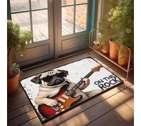 FZFN Bathroom Sets Funny Outdoor Welcome Mat - Pug Playing Guitar: on The Rock Water Absorbent Low Profile Outdoor Waterproof For Teen(65X90CM)