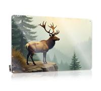 FZFN Camper Accessories For Outside Plaque Rustic Designer | Elk Standing On A Rocky Cliff Overlooking A Forest. Scandinavian Metal Wall Decor For Kitchen Home(30X40CM)
