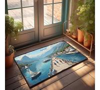 FZFN Cool Room Accessories For Teens Boys Greek Coastal Village With People Walking On Wooden Bridge Doormat Outdoor Paw Mat Gifts For Home Decor(50X80CM)