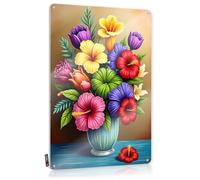 FZFN Country Stuff Soft Area Plaque - Vibrant Bouquet In Blue Vase Amazing Metal Wall Art Ready To Hang For Home(20X30CM)