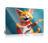 FZFN Decoration Desk Decor For Men Custom Tin Sign, Accessory Fade Resistant A Happy Cartoon Cat Playing An Electric Guitar. For Home Kitchen | Western Vintage Decor For Drive Party(30X40CM)