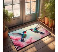 FZFN Doormat Chenille Bath Two Colorful Hummingbirds Face Each Other With Flowers In The Background. | Holiday Kitchen Non-slip Outdoor Patio Waterproof Carpet, Great For Adult Kids(65X90CM)