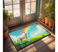 FZFN Dorm Sweet Dorm Door Mat White Wolf Standing On Green Hill With Rainbow In Background Doormat Teen Room Decor Welcome Mat For Classroom(65X90CM)