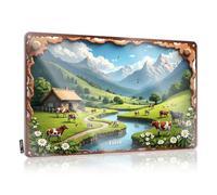 FZFN Fall Door Decorations Antique Funny Wall Signs - Pastoral Scene With Cows, River, Mountains, And Flowers Rustic Wall Art Sweet Easy Hang For Rooms(20X30CM)