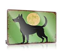 FZFN Farm Kitchen Decor, Funny Sign Garage Soft Area Black Dog Silhouette Against Full Moon On Green Background | Rustic Scandinavian Wall Art(20X30CM)