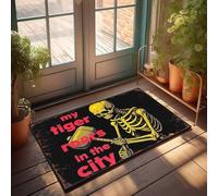FZFN Front Door Mat Funny Golden Skeleton Roaring In The City: A Spooky Urban Tale Doormat Man Cave Decor Rugs For Kitchen(40X60CM)