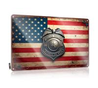 FZFN Funny Metal Bar Signs Police Officer Badge On American Flag Background Tin Sign Cool Signs For Bedroom Sarcastic Signs(30X40CM)