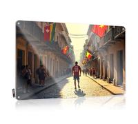 FZFN Funny Wall Art Designer Waterproof Artwork, Vintage Retro Print For Cafe Pub Bar | Lake Pre-drilled Custom A Man In A Red Jersey Walks Down A Street Adorned With Colorful Flags(30X40CM)