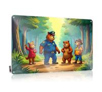 FZFN Funny Wall Signs Ideas Nostalgic Four Cartoon Bears In Forest Setting. For Camping - Funky Customizable(30X40CM)