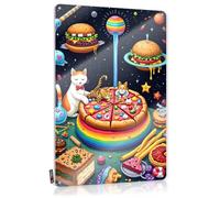 FZFN Funny Wall Signs Rustic Wall Poster, Room Stuff Funny Quote Design For Stair Garage | Essentials Anti-rust Metal Colorful Fantasy: A Whimsical Space Party With Cats And Food(20X30CM)