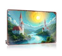 FZFN Home Decor Men Cool Wall Decor Ideas | Charming Churches By The River Under A Vibrant Sunset Sky Sarcastic Bathroom Decoration(20X30CM)