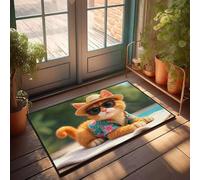 FZFN Kitchen Mat A Cat Wearing Sunglasses And A Straw Hat - Corner Farmhouse Outdoor Decor Rubber Backing Rug, Perfect For Mold Indoor Use(65X90CM)