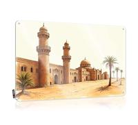 FZFN Mancave Stuff For Men Entryway Tin Metal Decor - A Desert Scene With A Mosque, Minarets, And Palm Trees Reusable Rustic Wall Hanging(30X40CM)