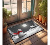 FZFN Mat Bathroom Small A White Cat Wearing A Red Scarf Sits In A Snowy Landscape Under A Full Moon | Indoor Welcome Low Pile Non-slip Carpet Great For Best Home Office Decor(40X60CM)