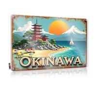FZFN Metal Bar Decor Okinawa: A Serene Japanese Beachscape With Pagoda And Sailboat Tin Sign Funny House Signs Stuff For Boys Room(20X30CM)