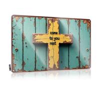 FZFN Metal Bar Decor Rustic Cross With 'Come To You Rest' Message On Weathered Wood Ba Tin Sign Funny House Signs Stuff For Boys Room(30X40CM)