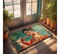 FZFN Music Decor Waterproof Bathroom Mats - Samurai Beauty In Red Kimono With Golden Dragons Square Area Non Skid Indoor Outdoor For Student(40X60CM)