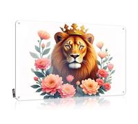 FZFN Outside Fall Decor Accessory Plaque | A Majestic Lion Adorned With A Crown, Surrounded By Vibrant Flowers. Vintage For Walls Living Room(20X30CM)