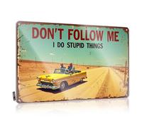 FZFN Personalized Bar Signs Vintage Road Trip: 'Don'T Follow Me, I Do Stupid Things' Tin Sign Tin Signs Warning Bar Signs For Home Bar Wall(20X30CM)