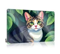 FZFN Plain Deck Sign - A Cat With Green Eyes Surrounded By Leaves. Fun Rustic Wall Hanging(20X30CM)