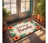 FZFN Retro Rugs Welcome To Paradise: Tropical Floral Signage Doormat Balcony Decor Outdoor Rug Front Door(65X90CM)