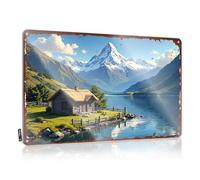 FZFN Retro Tin Signs Log Cabin By The Lake With Snow-Capped Mountains In The Backgroun Tin Sign Home Decor For Men Funny Vintage Metal Sign(20X30CM)