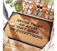 FZFN Small Door Stair Landing Welcome Mat Never Trust An Atom. They Make Up Everything - Chenille | Buffalo Check/Natural Coir Jute Front Door Mat - Layering Front Porch & Thick(65X90CM)