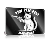FZFN Space, Cool Wall Decor Funny Collection Wall Decor, Humor Rustic Metal Tin Sign For Man Cave | Cottage Holiday Gift Custom A Cat Holding A Gun With The Text pew Pew Pew! Madakas!(20X30CM)