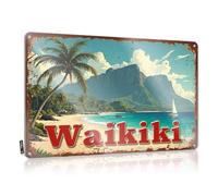 FZFN Wall Decor Metal Tin Sign Relaxing Waikiki Beach With Sailboat And Palm Trees Tin Sign Garage Accessories For Man Cave Man Cave Signs For(30X40CM)