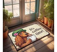 FZFN Welcome Door Mats For Outside Entry Cozy Canine Coffee Break: A Cute Dog Wearing A Hat Enjoying A Ste Doormat Farmhouse Kitchen Rugs Unique Home Decor(50X80CM)