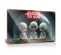 FZFN Whiskey Signs For Home Bar Three Babies Trapped Under 'Closed To God' Dome Tin Sign Funny Street Signs Cave Door Sign(20X30CM)