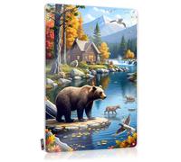 FZFN Work Decor Rustic Accessory | Autumn Serenity: Bears By The River With Mountain View Premium Metal Wall Decor For Saloon Bar Home(20X30CM)